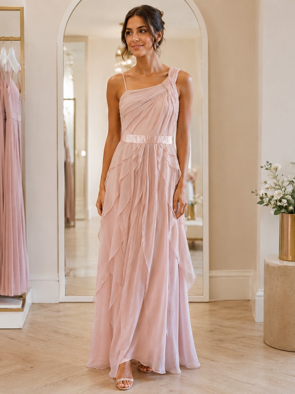 Adrianna Papell Dusty Blush One-Shoulder Layered Chiffon Gown